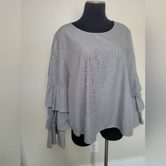 Abound Flutter Sleeve Blouse 100% Cotton Dramatic Striped Career Romantic Large - Picture 3 of 12